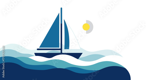 A simple flat illustration of a sailboat on the ocean waves.