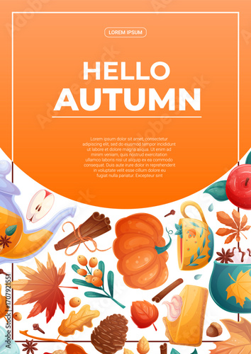 A flyer design template with autumn leaves, drinks and food. The concept of autumn, Thanksgiving day. Vector illustration for seasonal design of banners, posters, promotions, invitations.
