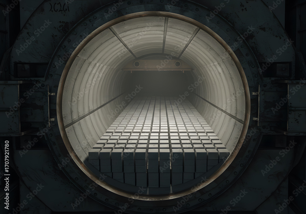 Fototapeta premium A Long Tunnel-Like Room with Cubes on the Floor