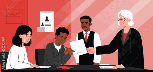 Depiction of job termination meeting showing diverse workers being laid off