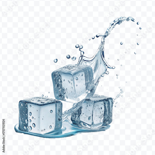 realistic 3d smooth ice cubes into water splash in  different style isolated on transparent background