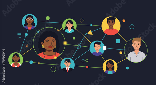 Diverse connected people in circles using global communication network