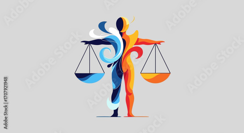 Abstract Human Figure Balancing Scales of Justice Symbolizing Equilibrium.