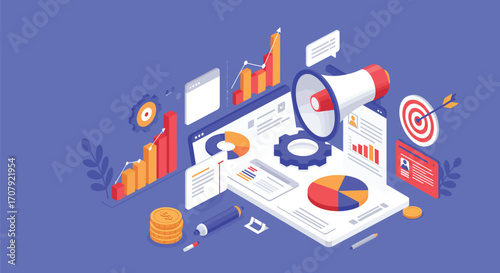 Isometric Digital Marketing Strategy with Megaphone and Analytics Dashboard