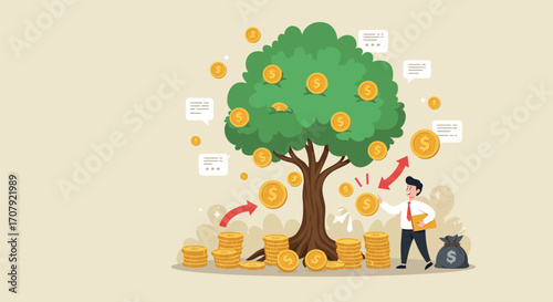 Illustrative investment growth concept with a money tree and investor