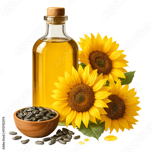 Bottle of sunflower oil with seeds and flowers on a transparent background. Natural product. Cooking. Health.