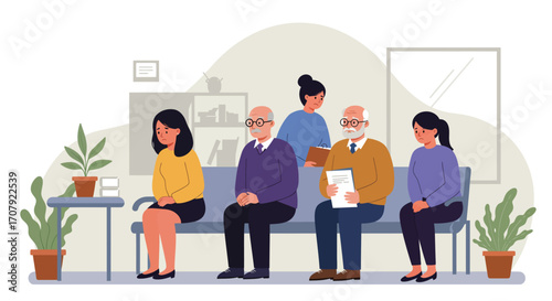 Despondent individuals await news during organizational change disruption