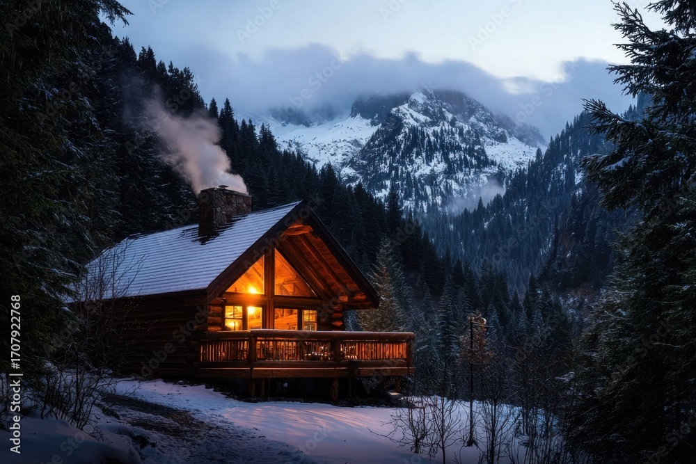 Fototapeta premium Cozy wooden cabin with warm glowing lights and smoke rising from chimney sits surrounded by snow covered trees and towering mountains under cloudy sky at dusk