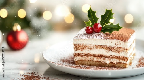 Wallpaper Mural Festive tiramisu cake with holly decoration and chocolate dusting on marble background Torontodigital.ca