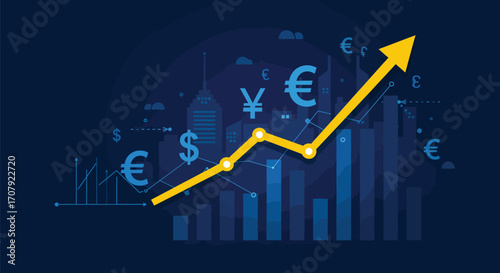 Financial growth vector illustration with currency symbols and cityscape