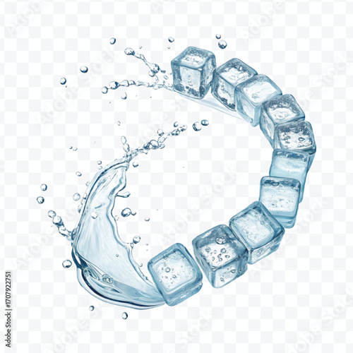 realistic 3d smooth ice cubes into water splash in  different style isolated on transparent background
