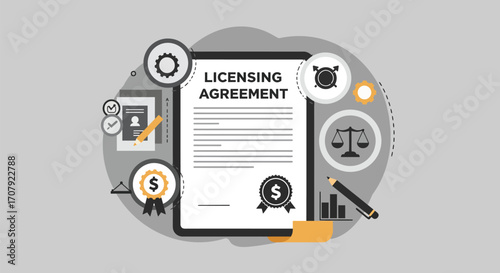 Flat Vector Illustration of Licensing Agreement with Business Elements