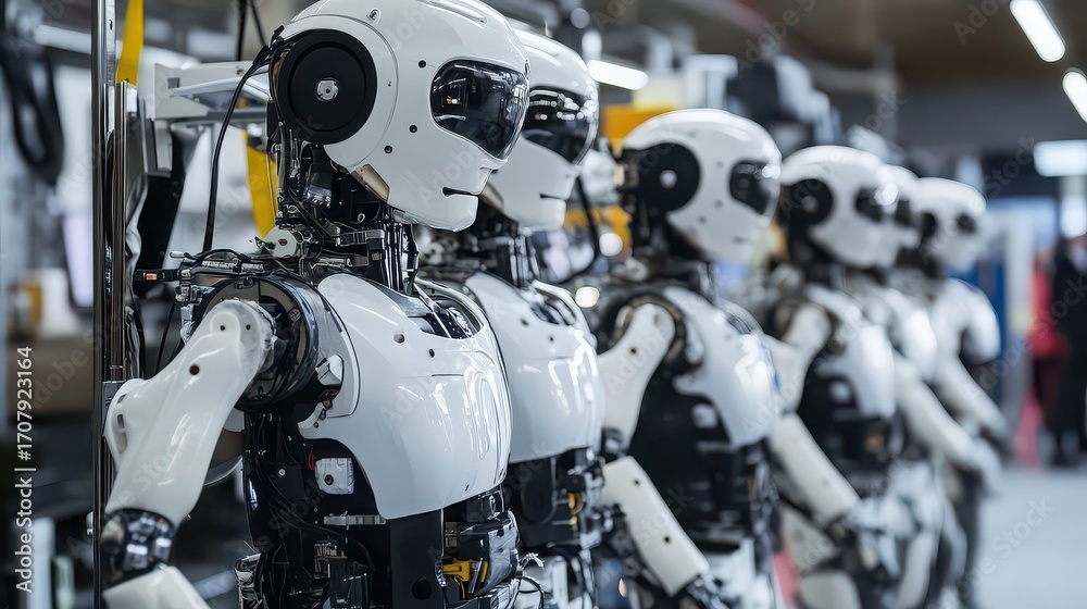Fototapeta premium Row of white humanoid robots with black accents standing in a factory setting, showcasing advanced technology and automation