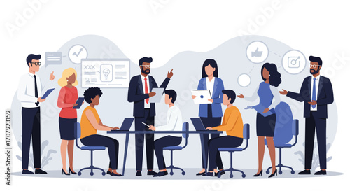 Dynamic business meeting illustration featuring diverse professionals collaboration