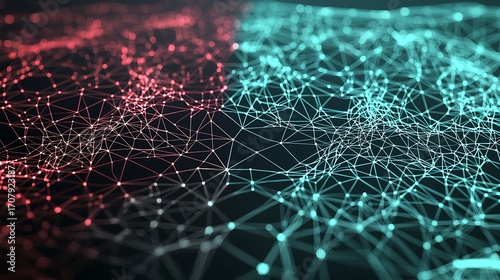 Dynamic futuristic neon composition in red and green photographed with DSLR 70mm lens, precise focus on luminous points, subtle depth of field