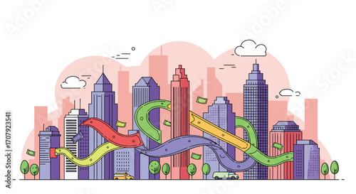 Modern city financial growth illustration with flowing currency path