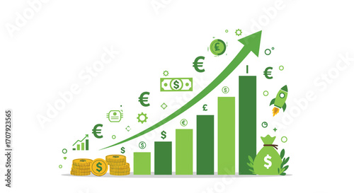 Financial Growth Chart with Currency Symbols and Rocket Illustration
