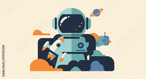 Astronaut exploring alien planet with spacecraft and Saturn planet.