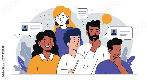 Diverse team collaborating online with messages, reflecting communication