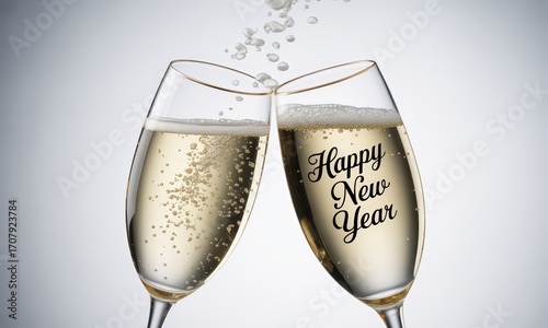 Celebratory Champagne Glasses with Bubbles and Happy New Year Message