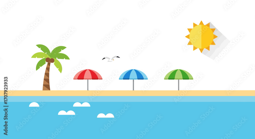 Fototapeta premium Beach scene with colorful umbrellas, palm tree, and sunny weather.