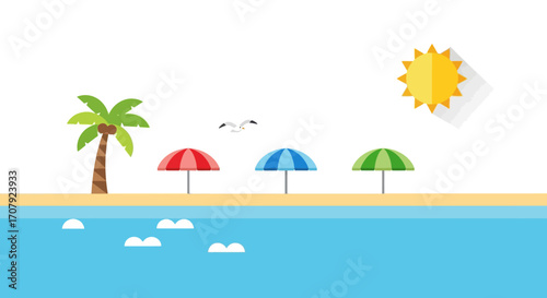 Beach scene with colorful umbrellas, palm tree, and sunny weather.