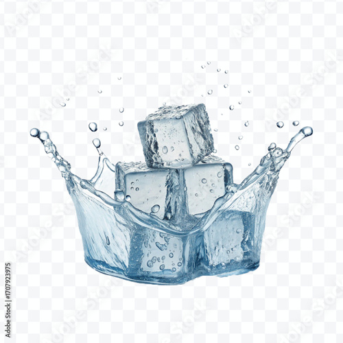 realistic 3d smooth ice cubes into water splash in  different style isolated on transparent background