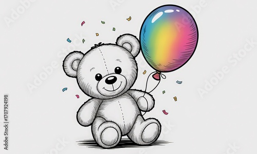 Cute Grey Teddy Bear Holding Rainbow Balloon Sitting with Confetti on White Background