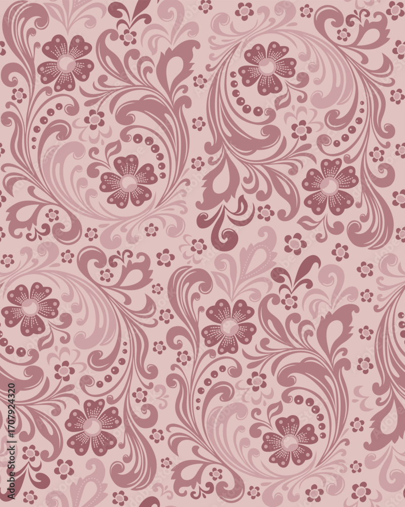 Fototapeta premium Seamless Vintage Swirl And Floral Pattern On Old Rose Background