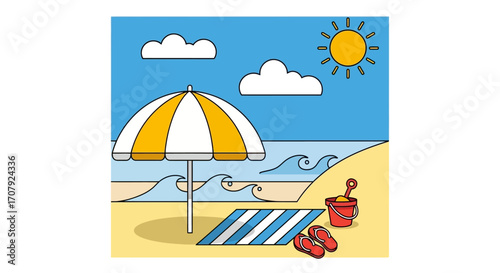 Beach umbrella with towel bucket and sandals on sand.