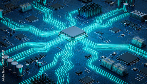Futuristic circuit board with a glowing CPU processor. High-tech concept for AI, data processing, and digital innovation. Abstract background of a computer motherboard.