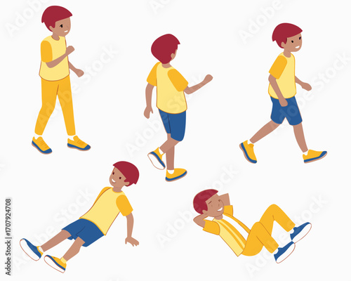 Isometric set of boys in different poses stands, runs, sits, lies and others on white background. Constructor set or creation kit