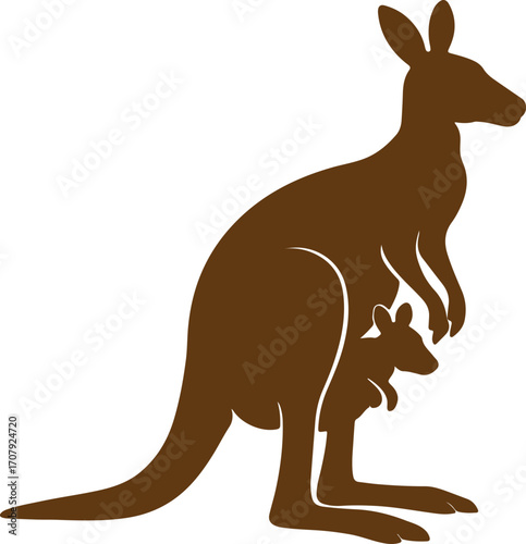 Brown silhouette of a mother kangaroo carrying her joey in her pouch