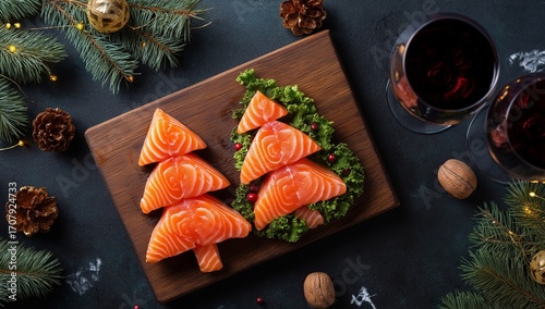 Wooden board with salmon arranged as Christmas tree and holiday decor, top view festive banner