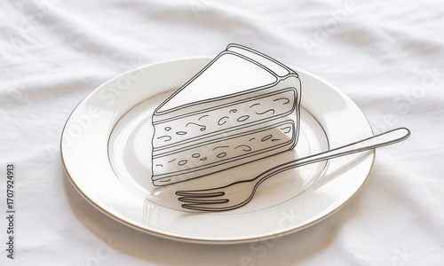 Creative Illustration of a Slice of Cake on a White Plate with a Silver Fork