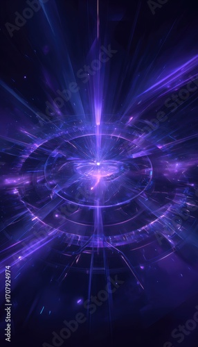A vibrant, abstract digital artwork depicting a radiant purple energy core, encircled by concentric rings and radiating beams of light, set against a dark, cosmic background