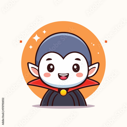Cute kawaii vampire character smiling for a happy halloween celebration, a charming chibi dracula cartoon illustration
