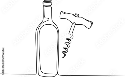Wine bottle and corkscrew continuous line art wine opener beverage
