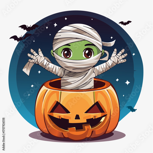 Kawaii halloween mummy character popping out of a spooky jack-o-lantern pumpkin with bats in the night sky