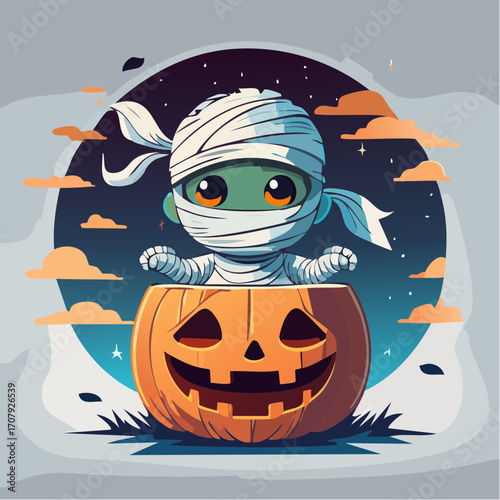 Adorable Kawaii Baby Mummy Inside a Glowing Jack-o'-Lantern for Halloween Festivities and Celebration