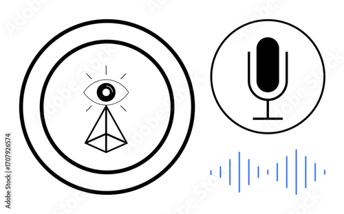 Eye within geometric design, microphone icon, soundwave. Ideal for technology, AI, surveillance, voice recognition, sound analysis, futurism simple landing page
