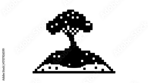Pixelated tree on hill with transparent background