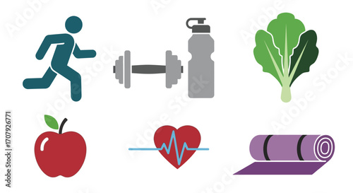 Collection of flat design icons representing a healthy lifestyle.