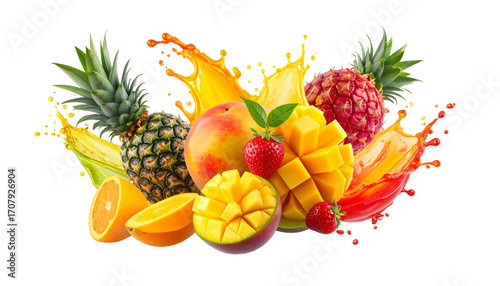 Fruits, water, splashes, composition, freshness, tropical, juice, colorful, vibrant, isolated, PNG, white, citrus, mango, pineapple, strawberry, exotic, refreshing, healthy, appetizing, vitamin-rich, 