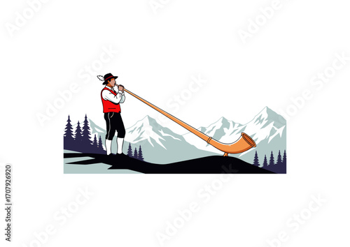 man playing alphorn in the mountains