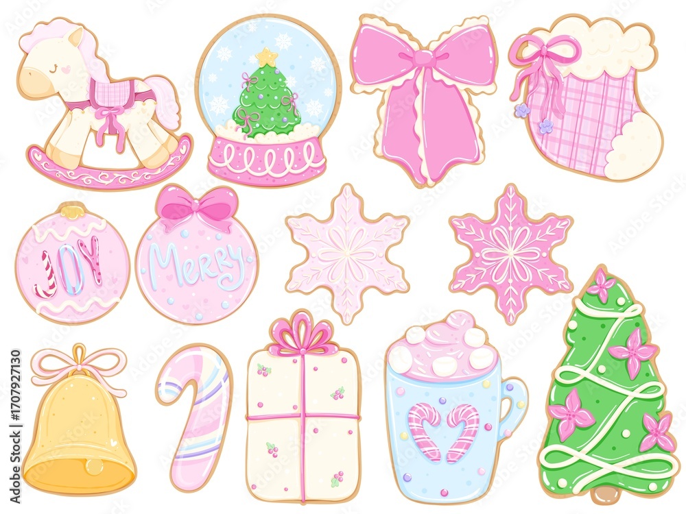 Fototapeta premium Pastel Christmas Cookies Clipart Set with Cute Holiday Sweets, Candy Cane, Gingerbread, Ornaments, Gifts, Snowflakes and Festive Decorations