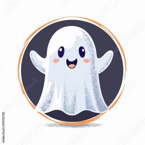 Cute kawaii ghost cartoon character for a happy halloween. Adorable smiling phantom illustration isolated on white