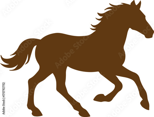Silhouette of a majestic brown horse galloping with its mane and tail flowing freely