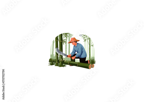 man harvesting bamboo in the forest