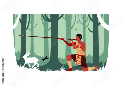 man hunting with blowpipe in the forest